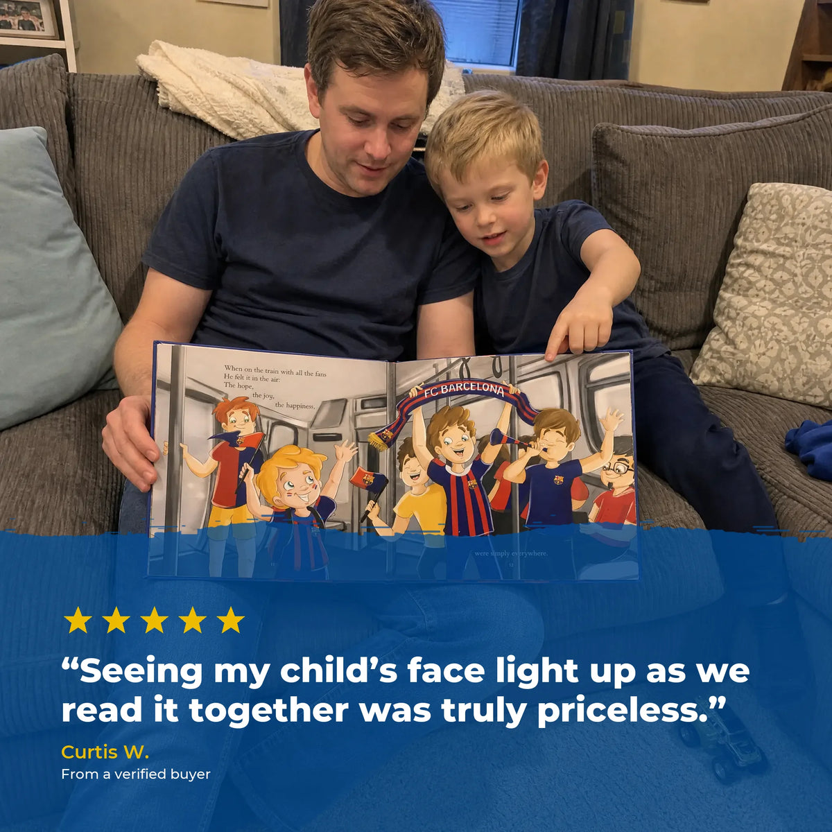 A father and his son on the sofa reading the FC Barcelona Personalised Book together, over a five-star review from a verified buyer.