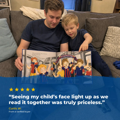 A father and his son on the sofa reading the FC Barcelona Personalised Book together, over a five-star review from a verified buyer.