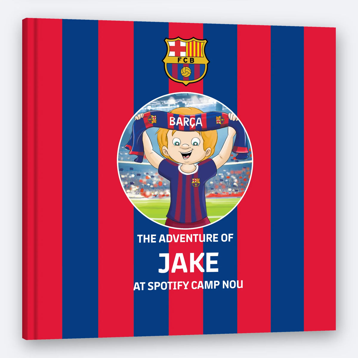 The FC Barcelona Personalised Book in English, a square hardback printed with the child's name on the cover.