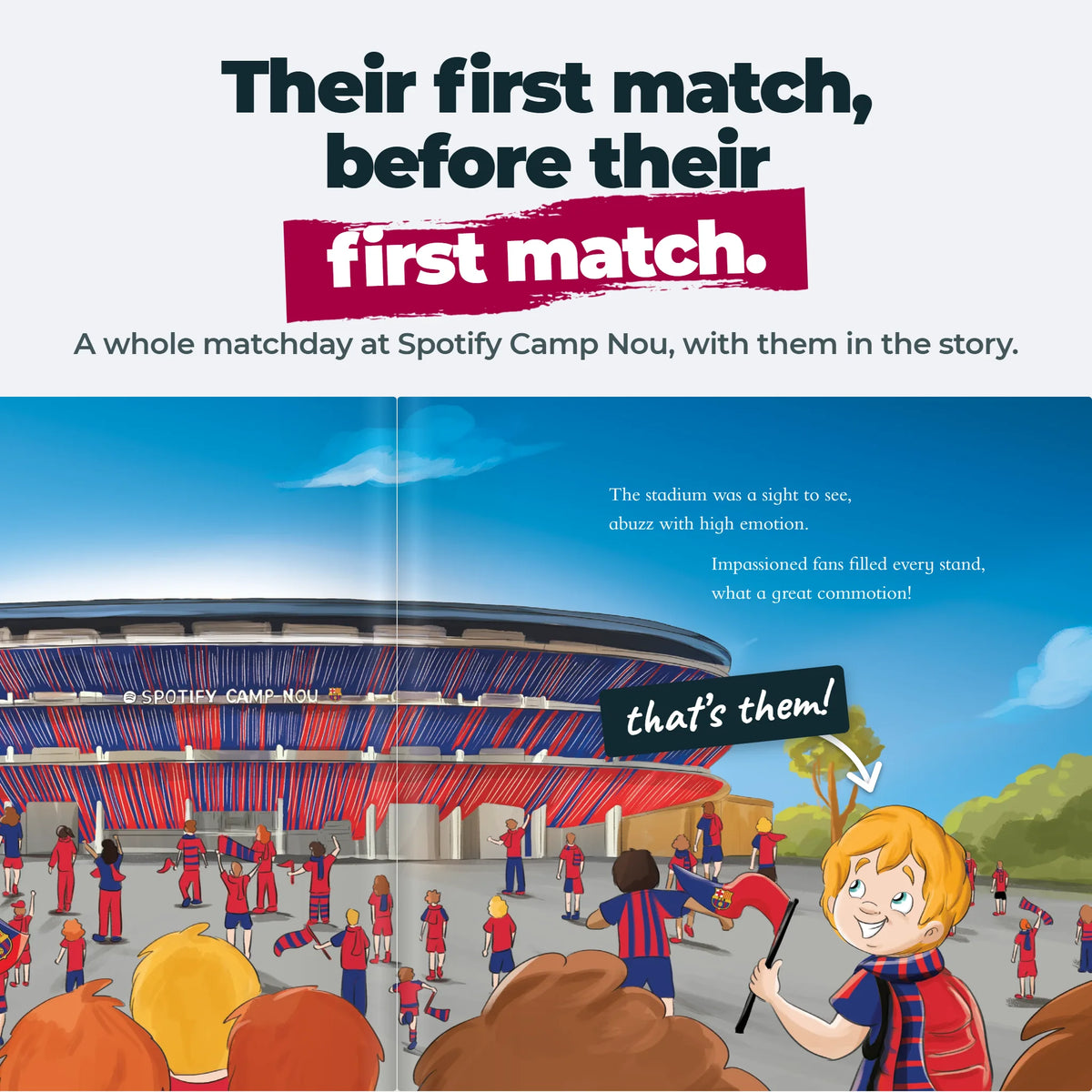 An inside spread of the Personalised Book: the child arriving at Spotify Camp Nou among the crowd.