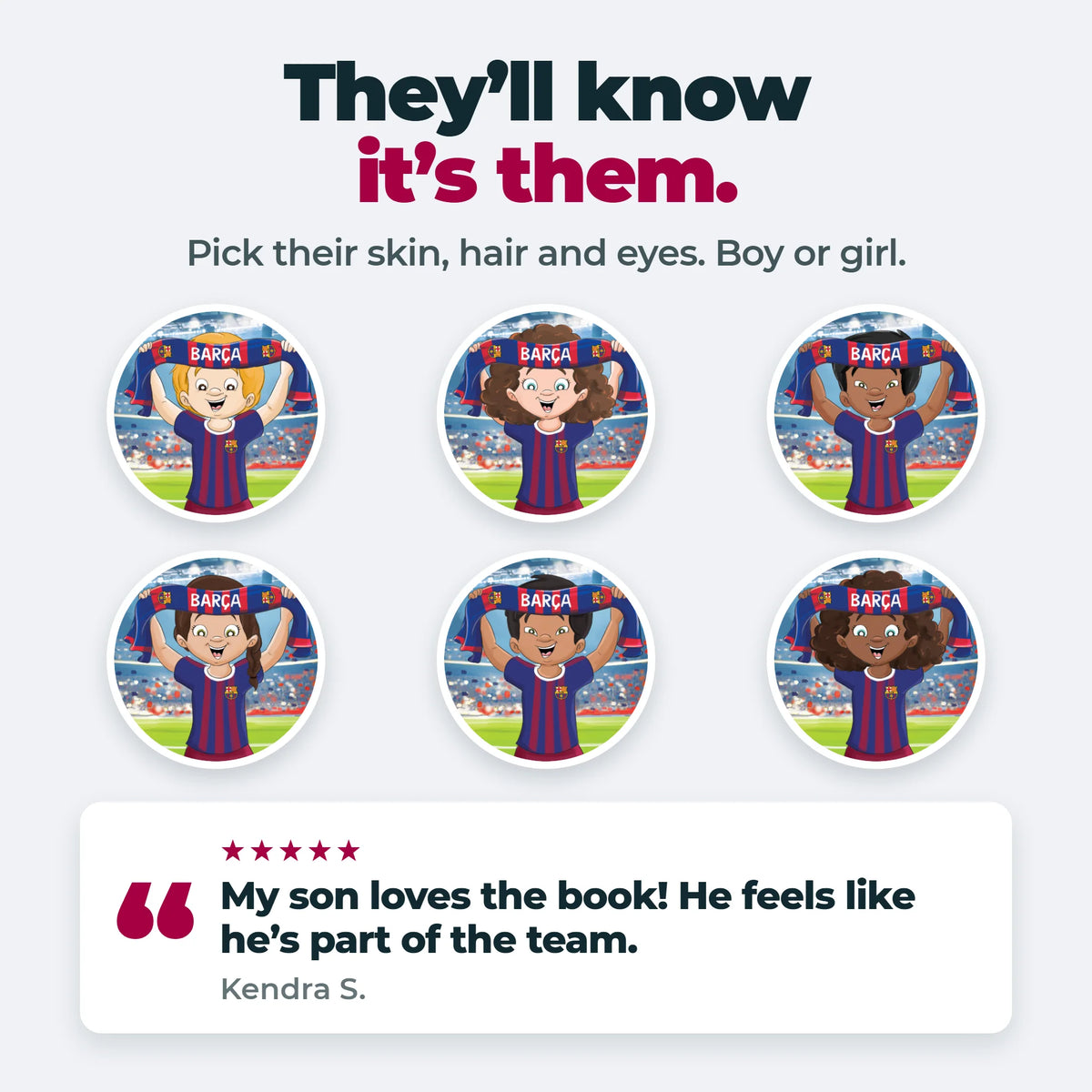 Six of the FC Barcelona characters you can build — three girls and three boys, in all six skin tones.