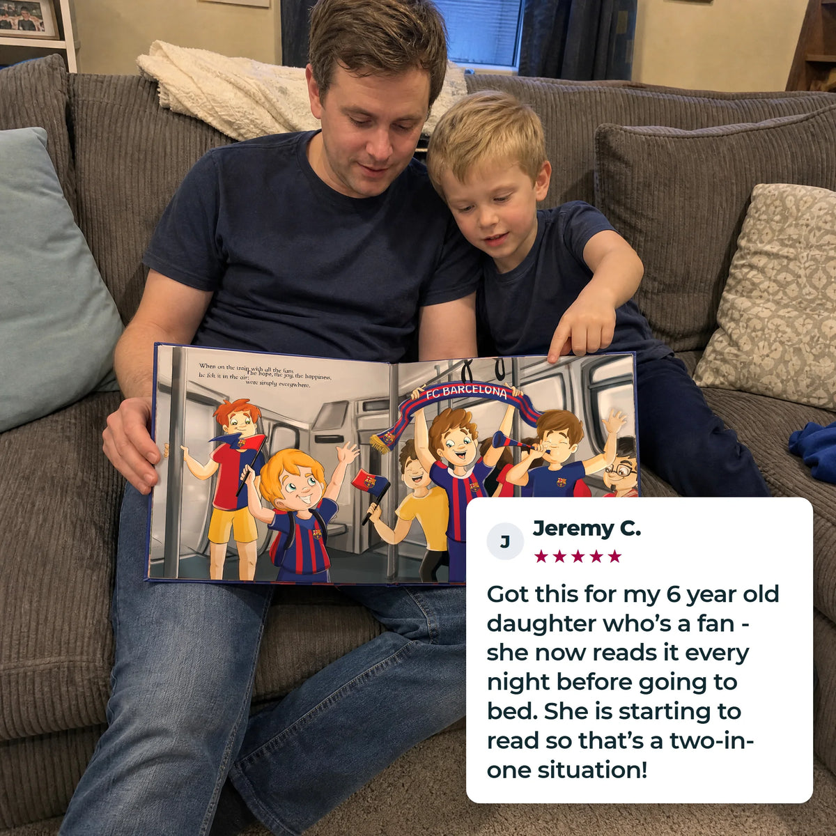A father and his son reading the FC Barcelona Personalised Book together, with a five-star customer review.