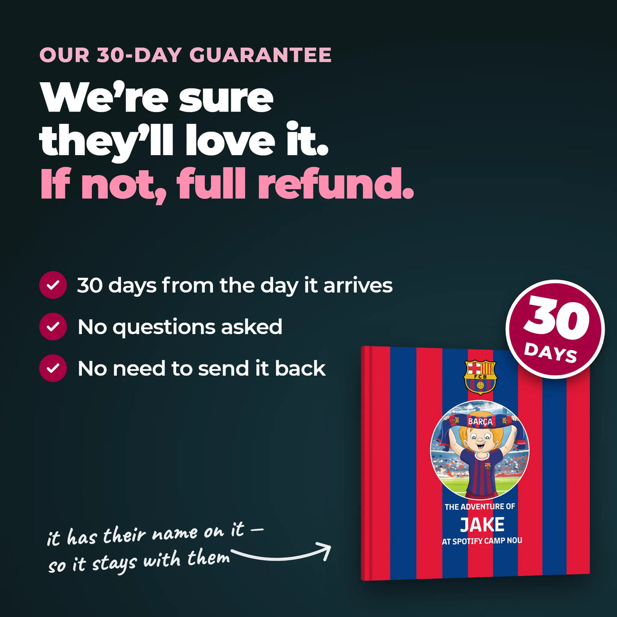 Our 30-day guarantee on the Personalised Book: 30 days from the day it arrives, no questions asked, no need to send it back.