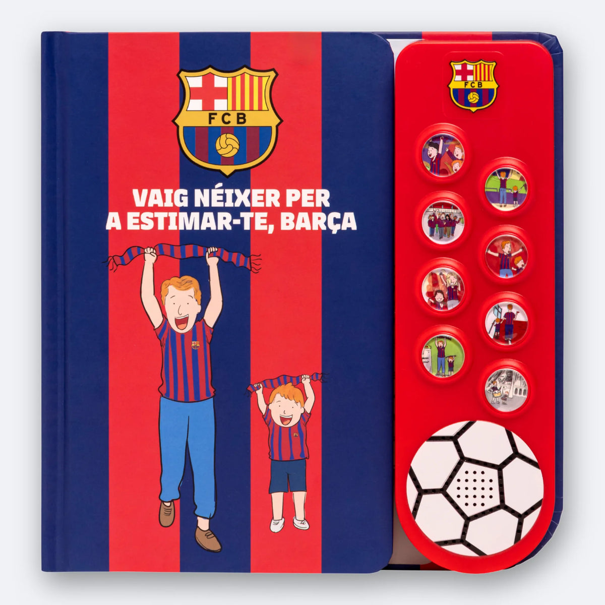 The FC Barcelona Sound Book, cover and the eight illustrated sound buttons.