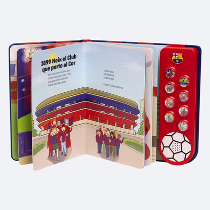 The Sound Book open at the 1899 spread, the Spotify Camp Nou illustrated with the lyrics printed beside it.