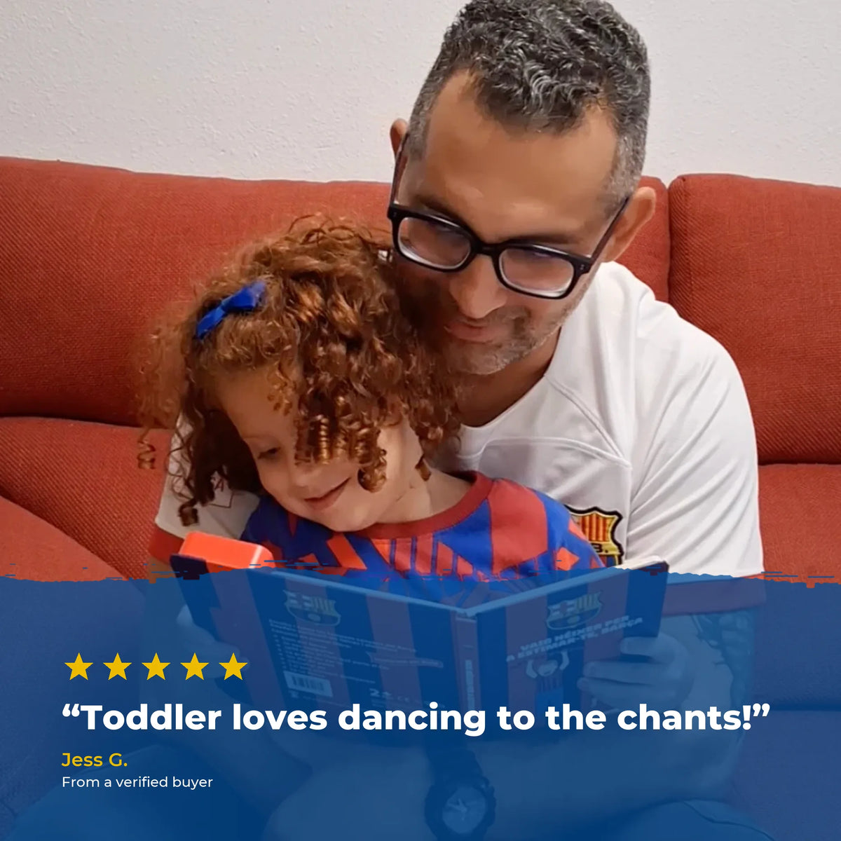 A father and daughter reading the FC Barcelona Sound Book together, over a five-star review from a verified buyer.