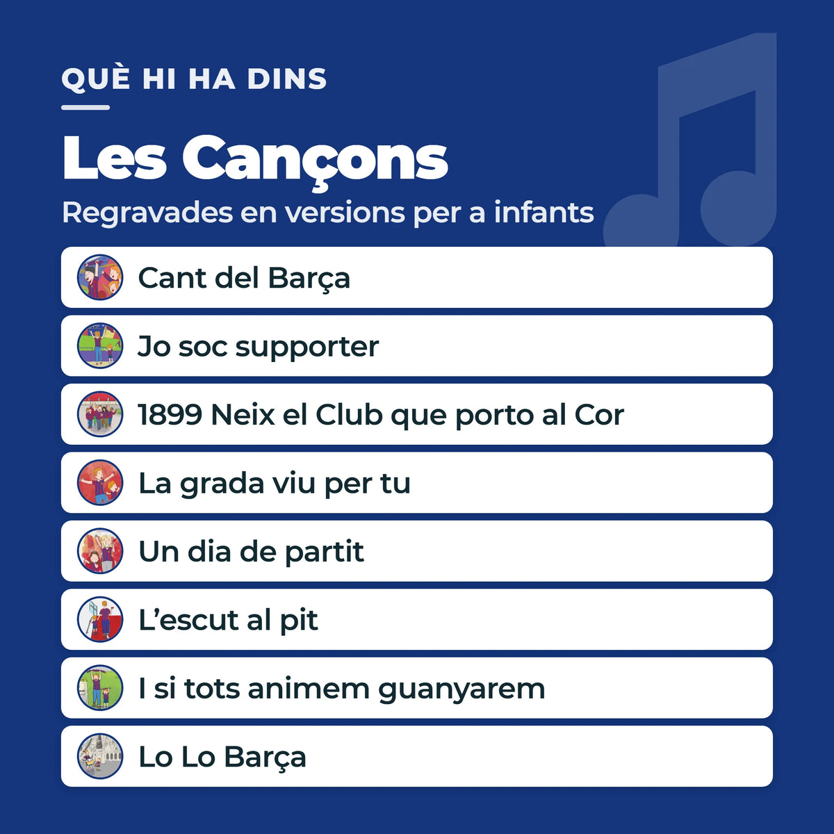 Gli otto cori dell'FC Barcelona dell'edizione in catalano del libro sonoro, ciascuno accanto al proprio pulsante illustrato: Cant del Barça, Jo soc supporter, 1899 Neix el Club que porto al Cor, La grada viu per tu, Un dia de partit, L'escut al pit, I si tots animem guanyarem, Lo Lo Barça.