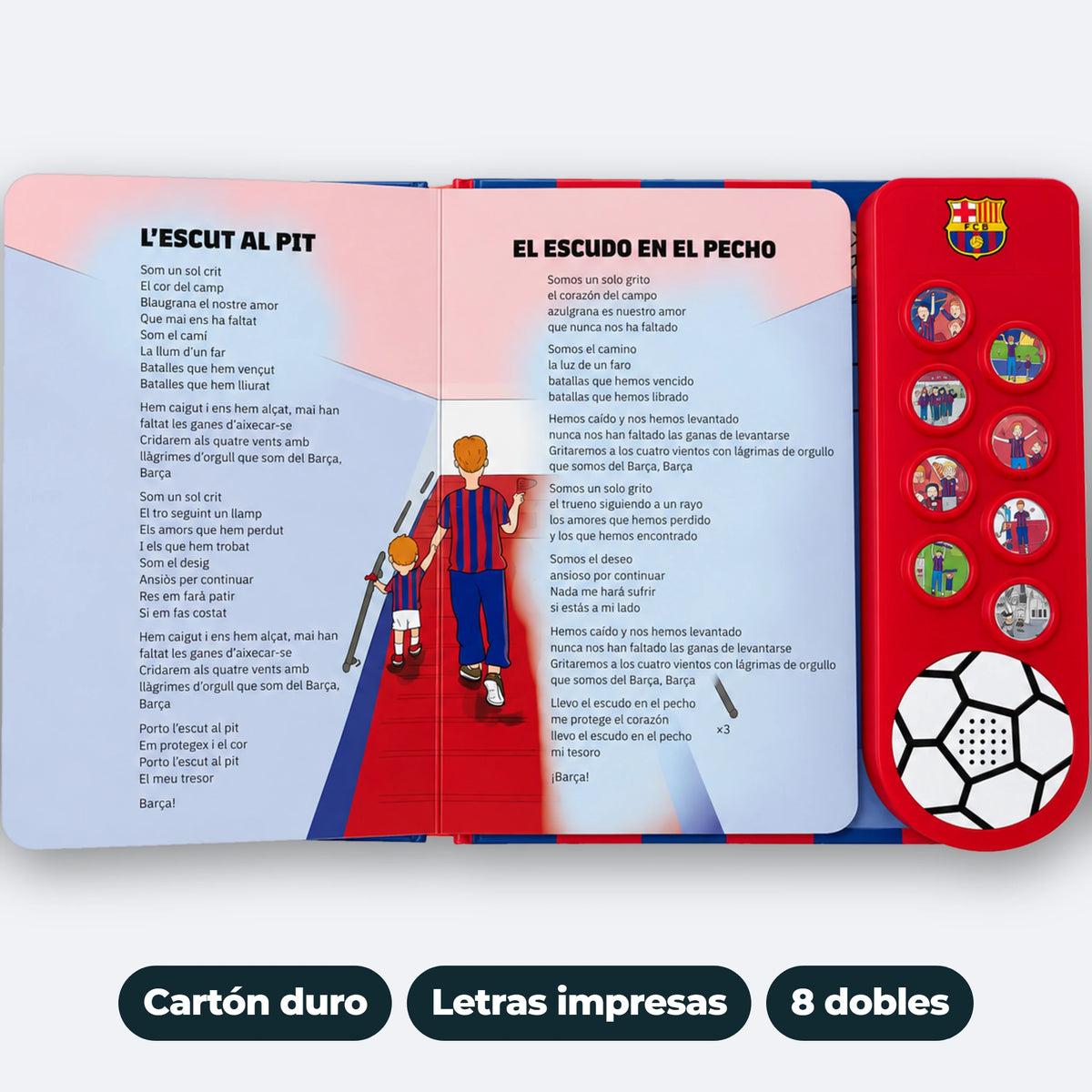 L'edizione in spagnolo del libro sonoro dell'FC Barcelona aperta su El escudo en el pecho, con il testo stampato in catalano e spagnolo, l'illustrazione e il pannello sonoro: pagine in cartone, testi stampati, otto doppie pagine.