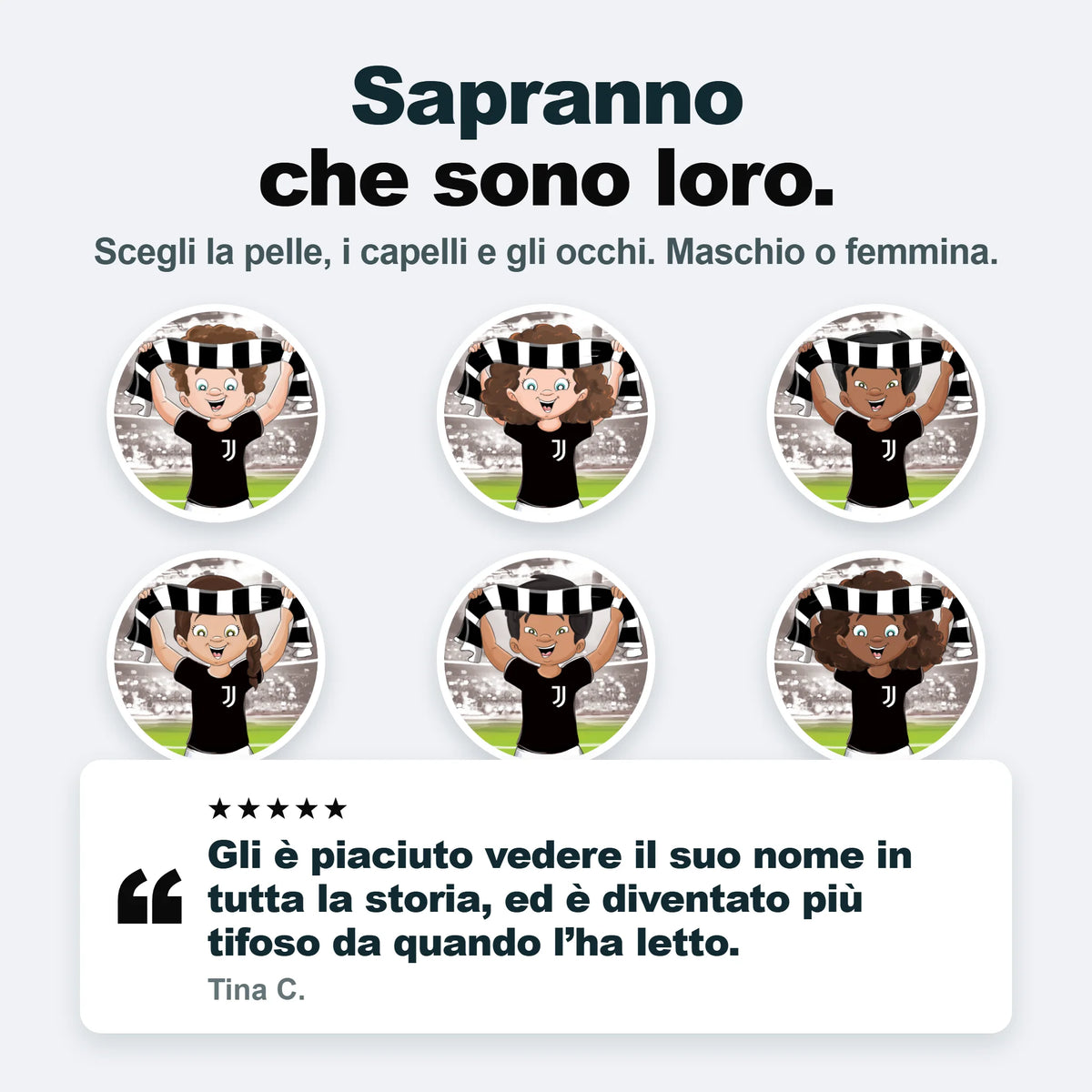 Six of the Juventus characters you can build: three girls and three boys, in all six skin tones.