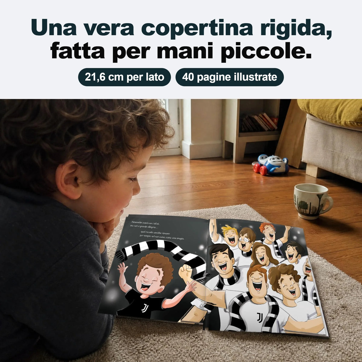A boy lying on the floor reading his Juventus Personalised Book, open on an inside spread.