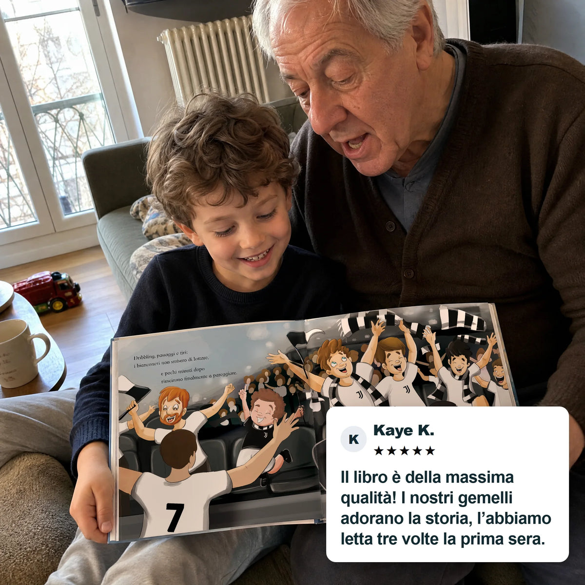 A grandad and his grandson reading the Juventus Personalised Book together, with a five-star customer review.