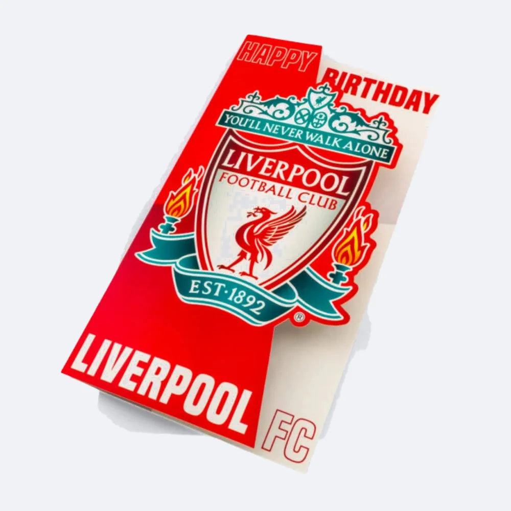 Geburtstagskarte des Liverpool FC mit Vereinswappen und dem Schriftzug Happy Birthday, stehend auf grauem Grund