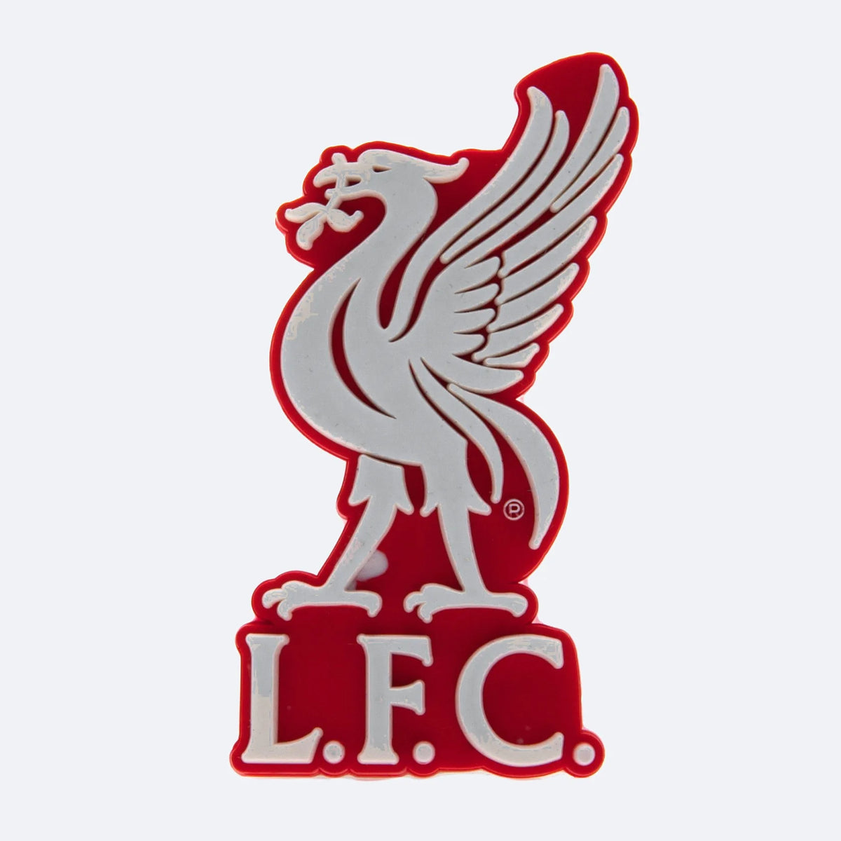 3D-Kühlschrankmagnet des Liverpool FC mit dem Liverbird-Wappen aus rot-weißem PVC, von vorn auf grauem Grund