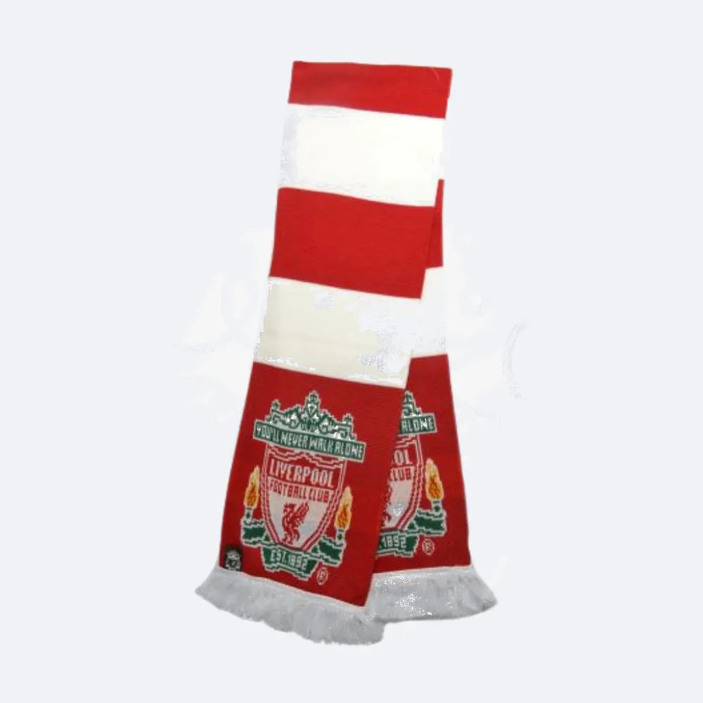 Kinder-Bar-Schal des Liverpool FC in Rot und Weiß, gefaltet mit sichtbarem Wappen, auf grauem Grund