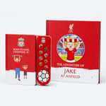 The Liverpool FC Personalised Book, printed with the name Jake, and the Fan Chants Sound Book together, the Sound Book standing in front.