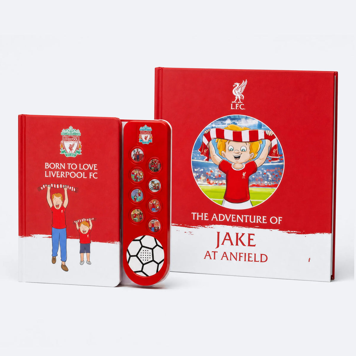 The Liverpool FC Personalised Book, printed with the name Jake, and the Fan Chants Sound Book together, the Sound Book standing in front.
