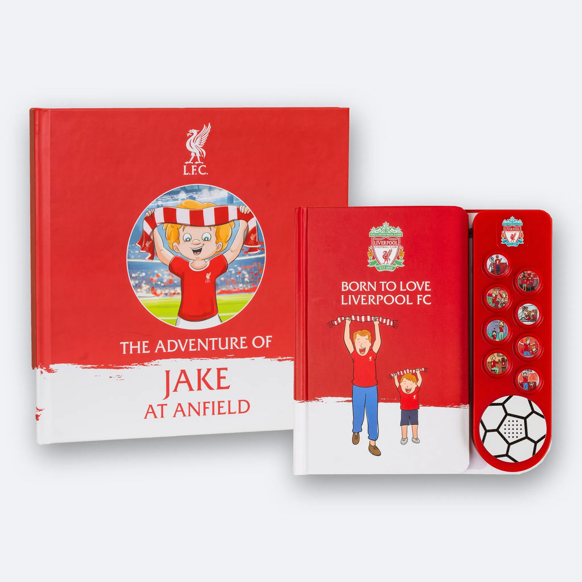 The Liverpool FC Personalised Book, printed with the name Jake, and the Fan Chants Sound Book together, the Sound Book standing in front.