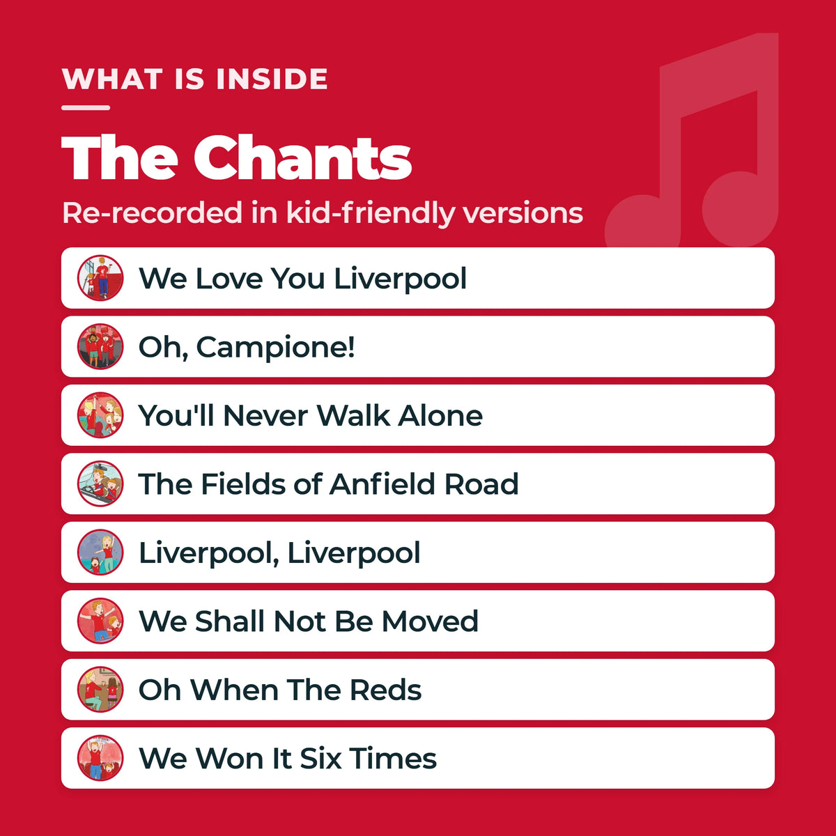 Die acht Liverpool-FC-Fangesänge im Soundbuch, neu aufgenommen in kindgerechten Versionen.