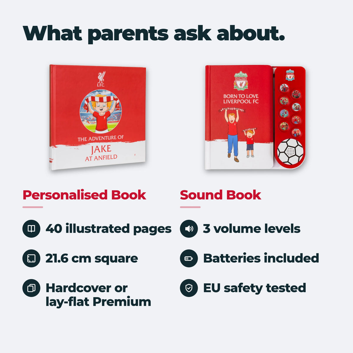 Was Eltern fragen: Das personalisierte Buch hat 40 illustrierte Seiten, misst 21,6 cm und gibt es als Hardcover oder als flach aufschlagbare Premium-Ausgabe; das Soundbuch hat drei Lautstärken, Batterien sind dabei und es ist nach EU-Norm auf Sicherheit geprüft.