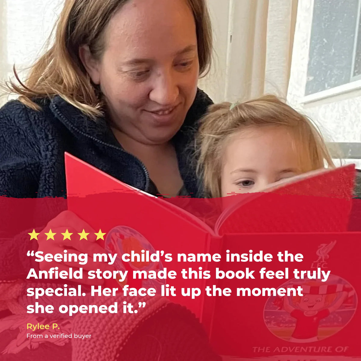 A mum and her daughter reading the Liverpool FC Personalised Book together, over a five-star review from a verified buyer.