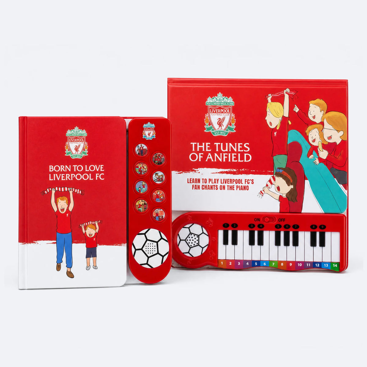 Liverpool FC Fan Chants Sound Book and Piano Book together, the Sound Book standing in front of the Piano Book.