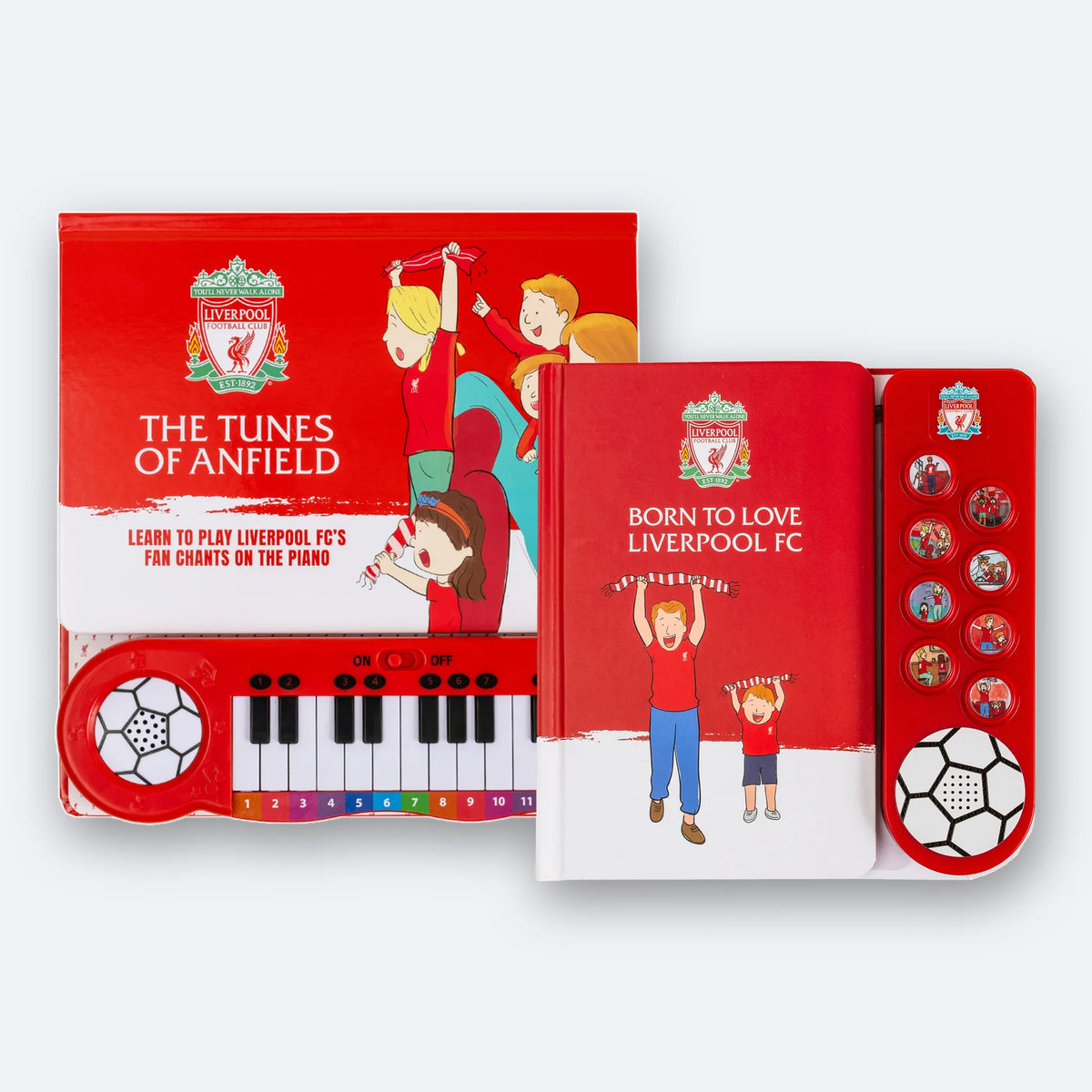 Liverpool FC Fan Chants Sound Book and Piano Book together, the Sound Book standing in front of the Piano Book.