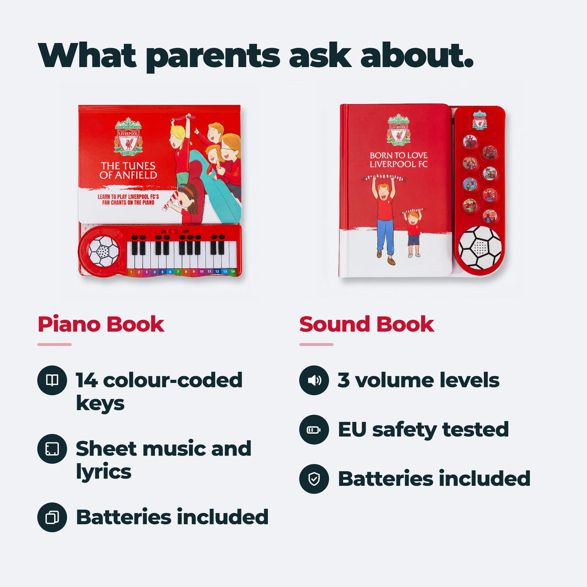 Quello che chiedono i genitori sul set: il Libro di Pianoforte ha quattordici tasti colorati, spartiti e testi; il libro sonoro ha tre livelli di volume ed è testato secondo la norma europea sulla sicurezza. Le pile sono incluse in entrambi.