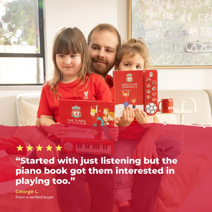 A father on the sofa with his two children, one holding the Liverpool FC Sound Book and one the Piano Book, over a five-star review from a verified buyer.