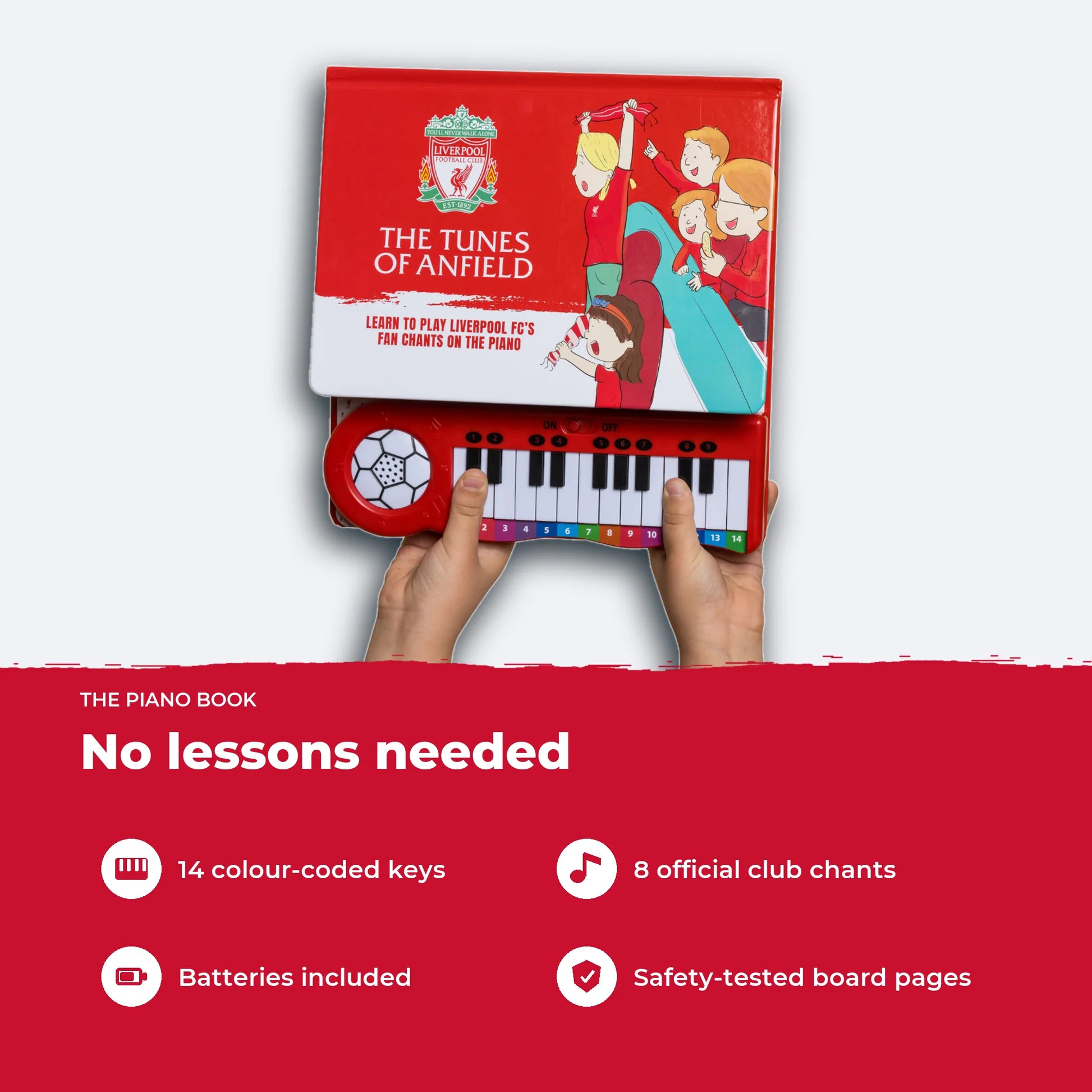 A child's hands playing the Liverpool FC Piano Book, showing its size, 14 colour-coded keys and eight club chants.