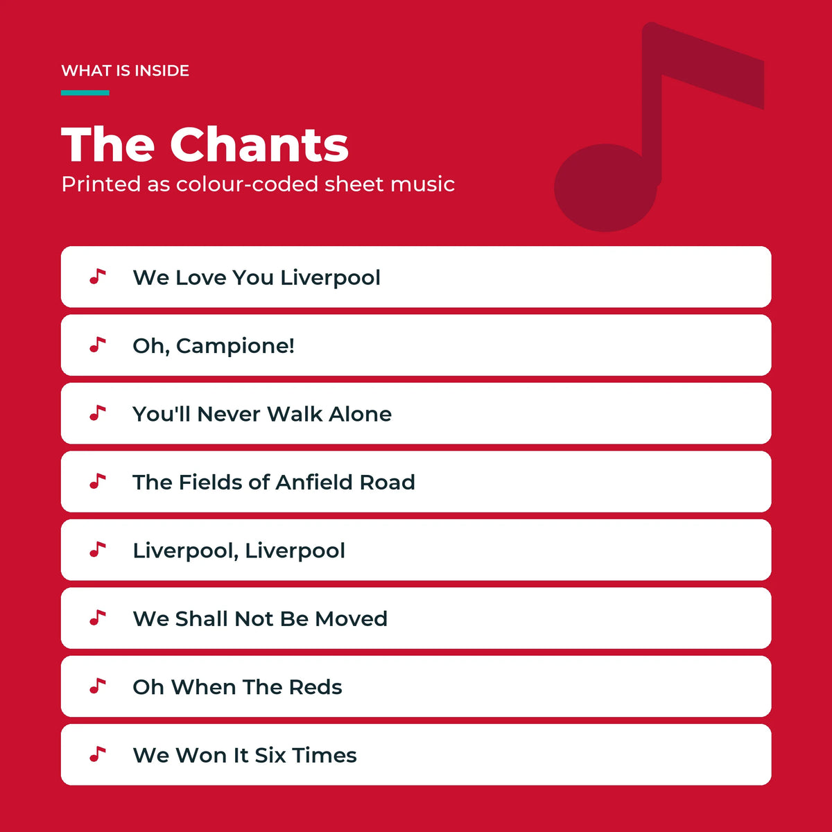 The eight Liverpool FC chants in the Piano Book, printed as colour-coded sheet music.