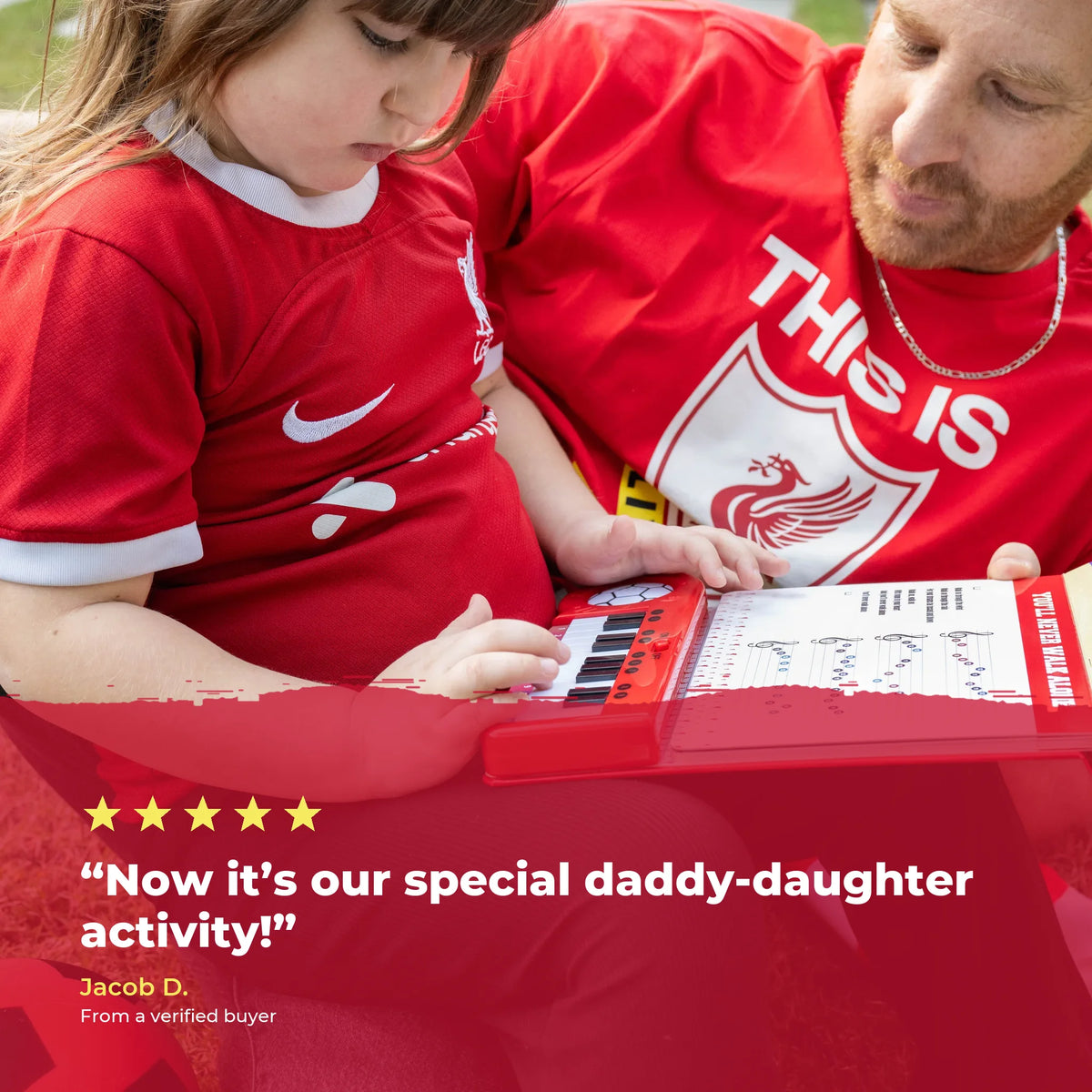 A father and daughter in Liverpool FC shirts playing the Piano Book together, over a five-star review.