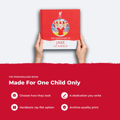 Two hands holding the Liverpool FC Personalised Book, showing its size, with four features listed beside it.