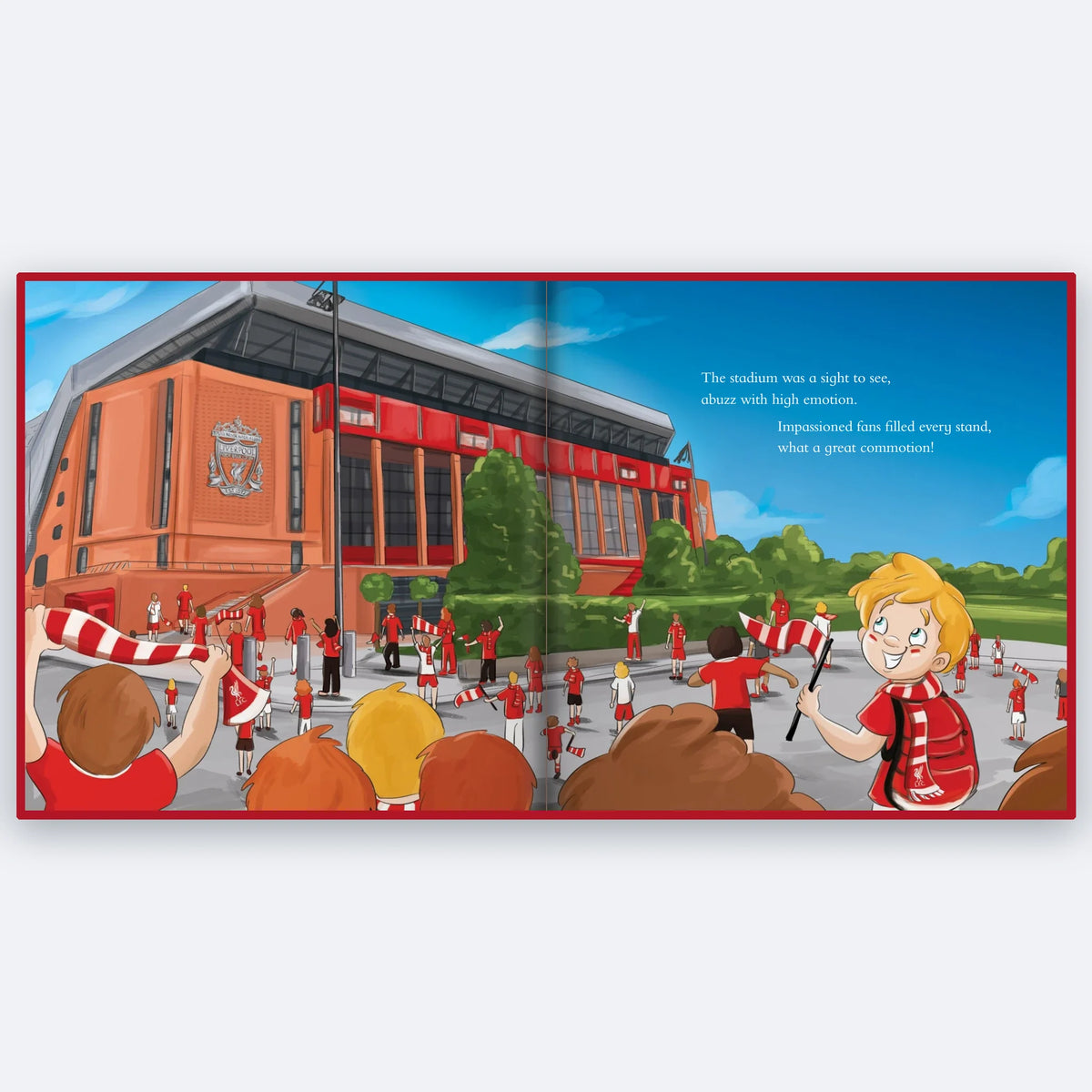 An inside spread of the Personalised Book: the child outside Anfield among the crowd, with the printed story.