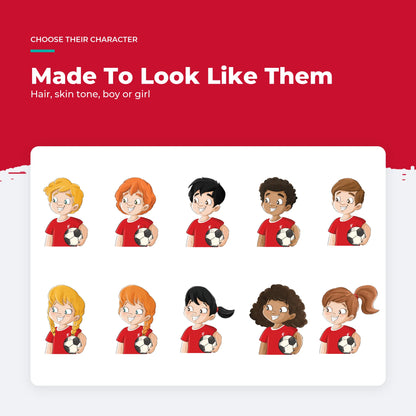 The characters you can choose for the Personalised Book: boys and girls in blond, red, black, curly and brown.