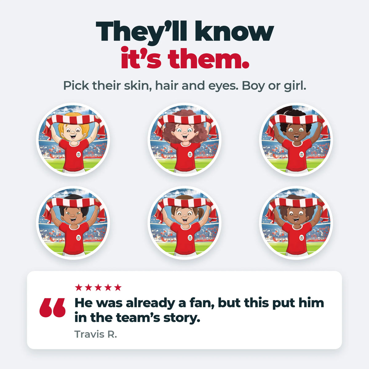 Six of the characters you can build for the Personalised Book — three girls and three boys, in all six skin tones.