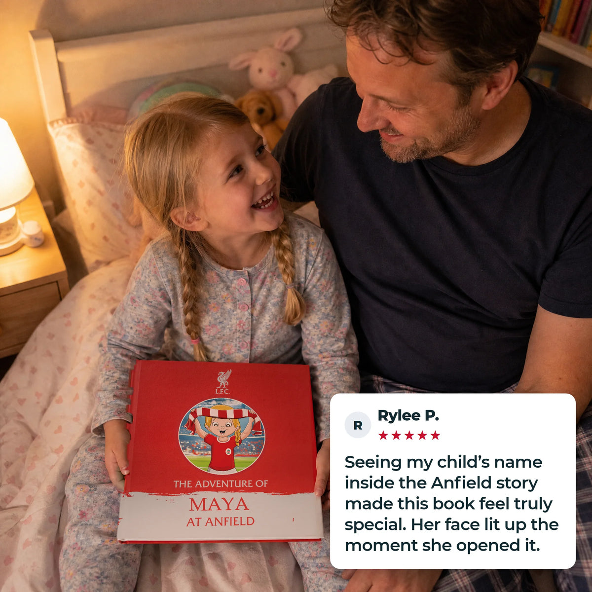 A father and his daughter reading the Liverpool FC Personalised Book together, with a five-star customer review.