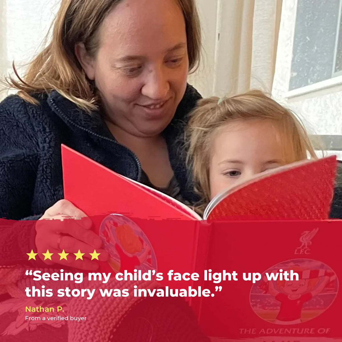 A mum reading the Liverpool FC Personalised Book with her child, with a five-star customer review.