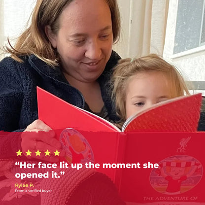 A mum and her daughter reading the Liverpool FC Personalised Book together, with a five-star customer review.