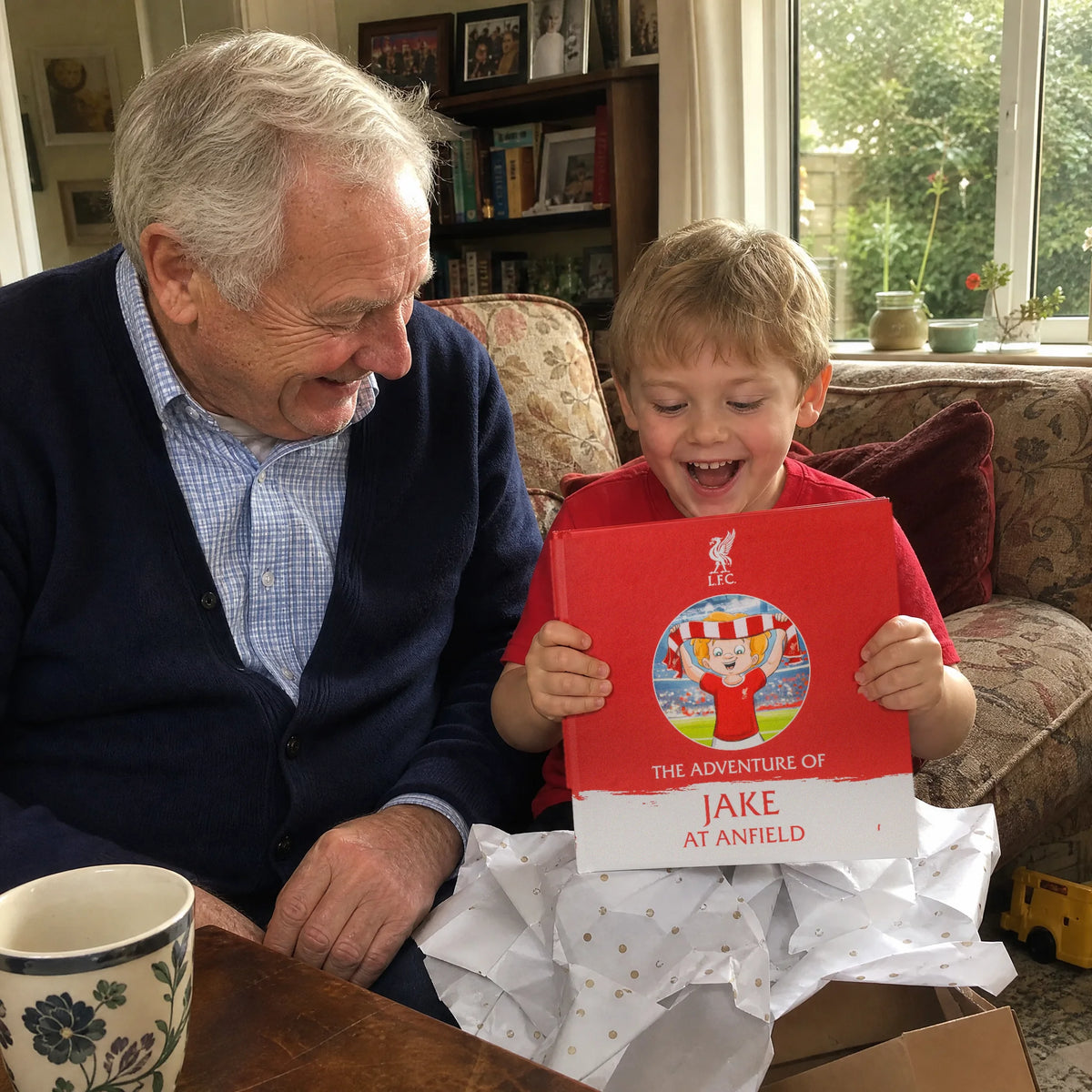 A grandad and his grandson on the sofa, the Liverpool FC Personalised Book just out of the wrapping paper.