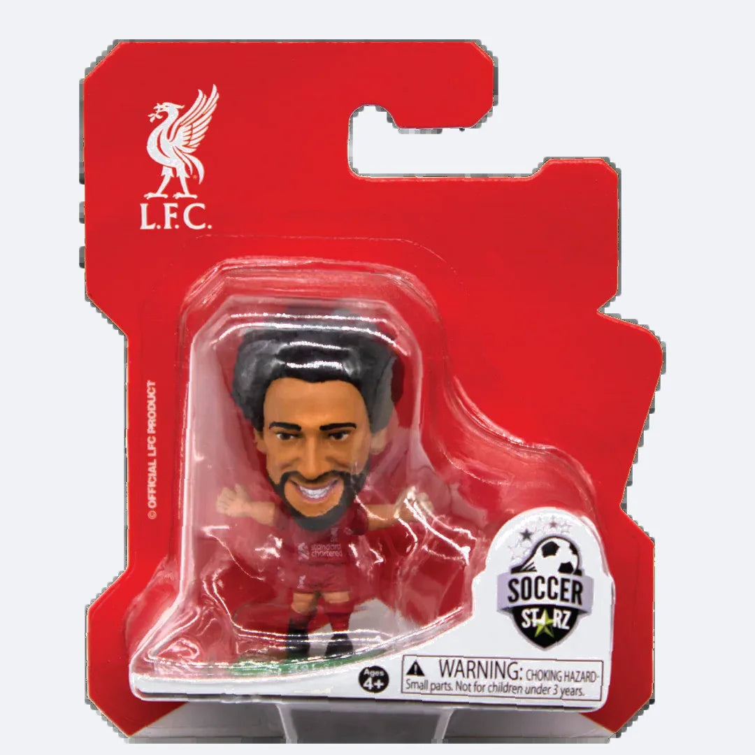 SoccerStarz Minifigur von Mohamed Salah in der Blisterverpackung des Liverpool FC, auf grauem Grund