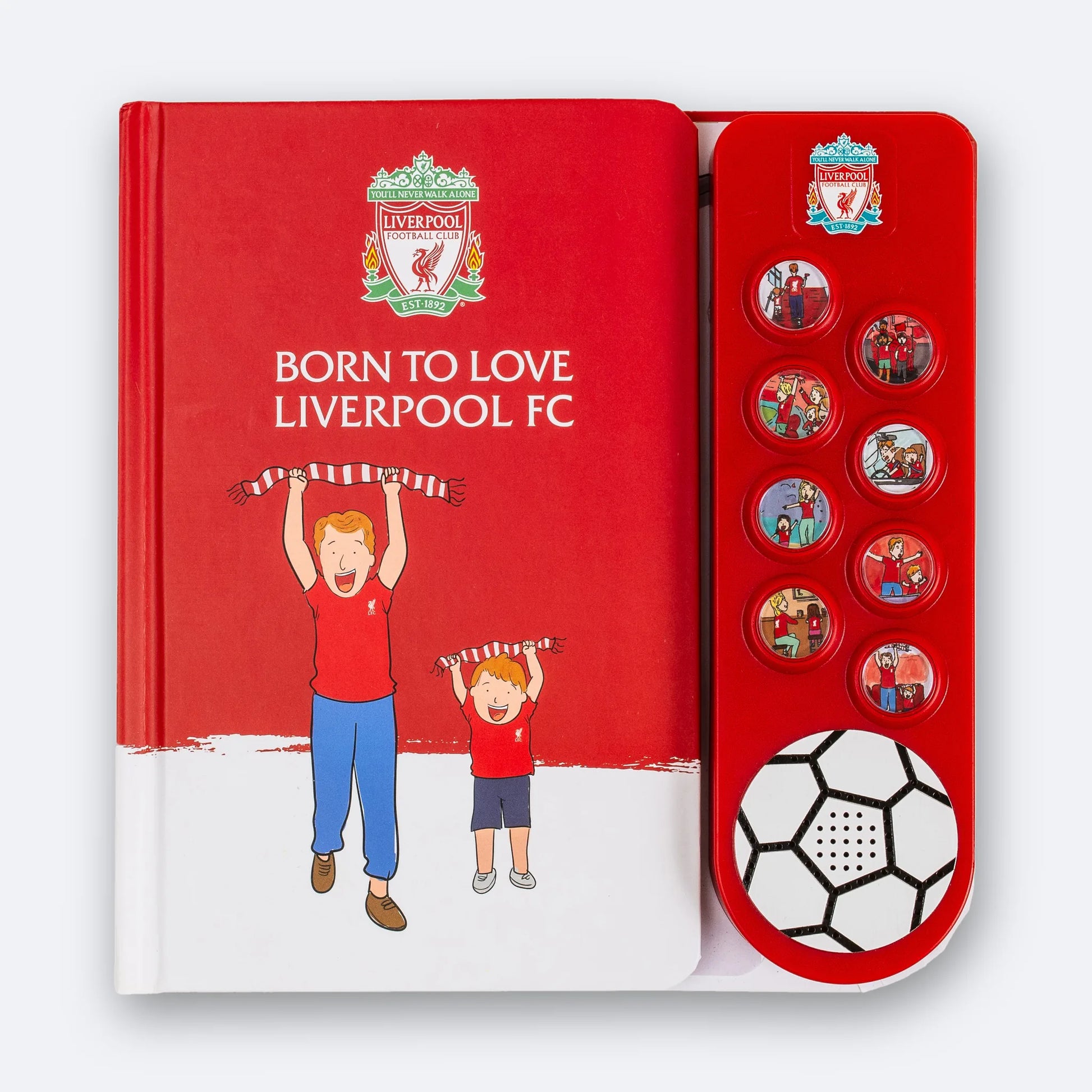 Liverpool FC Fan Chants Sound Book, open flat to show the cover and the eight illustrated sound buttons.