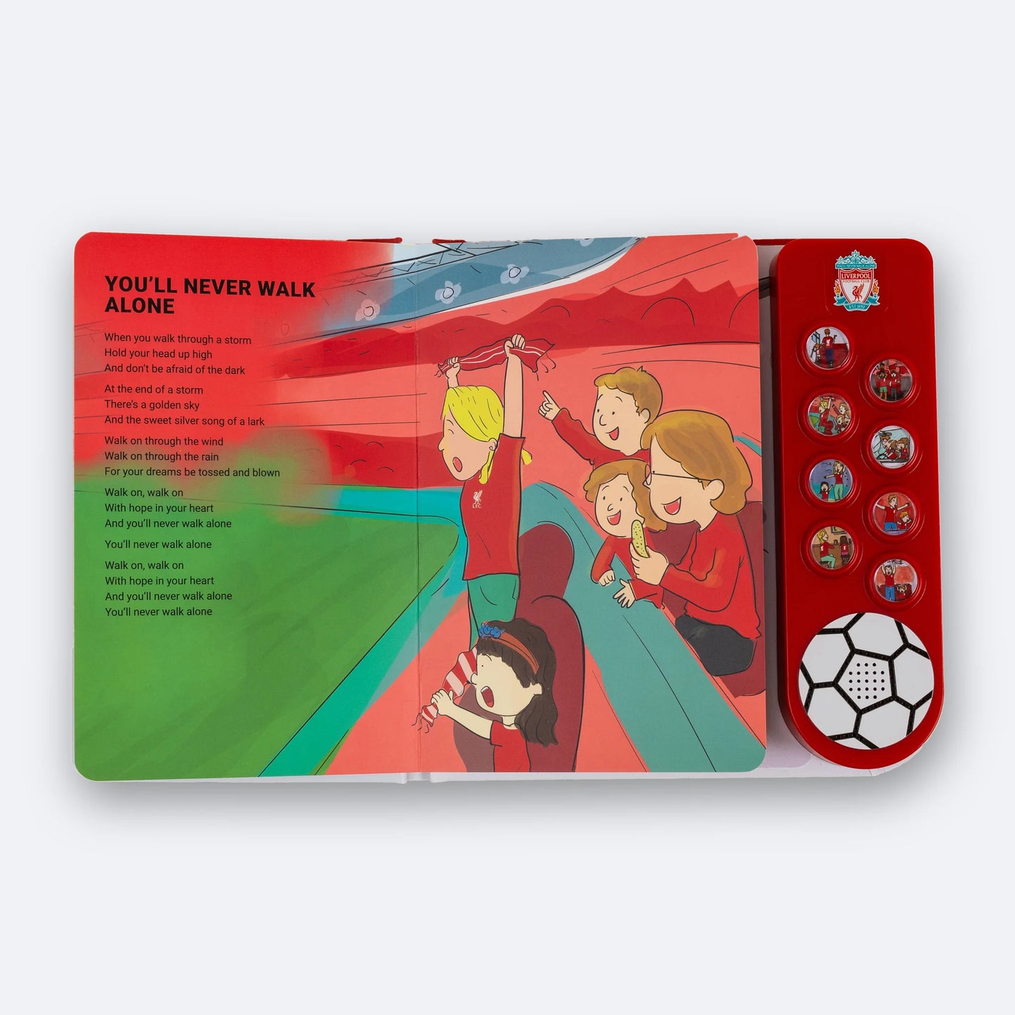 The Sound Book open at a full-page illustration of the Anfield crowd, beside the eight sound buttons.