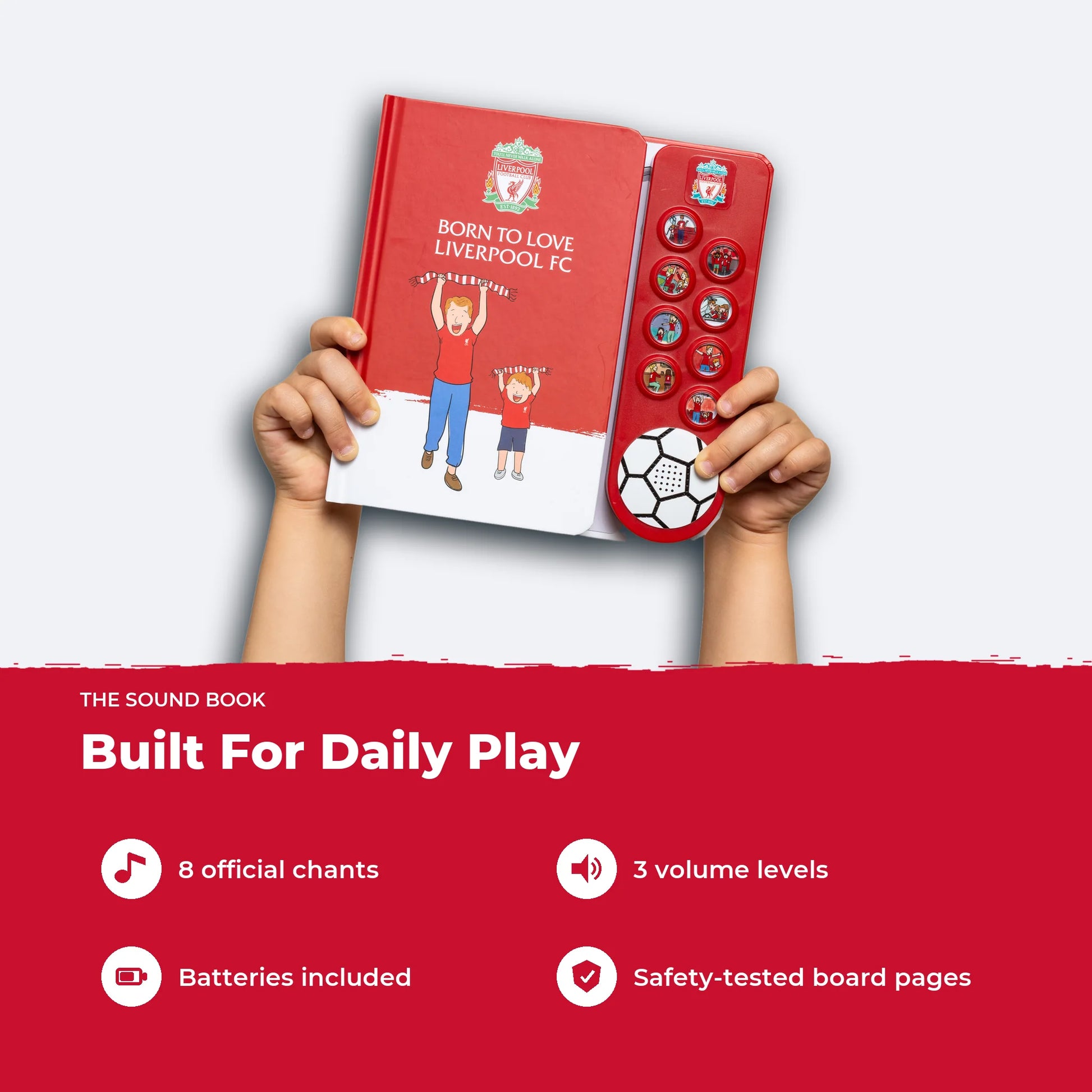 A child holding the Liverpool FC Sound Book, showing its size, eight chants, three volume levels and board pages.
