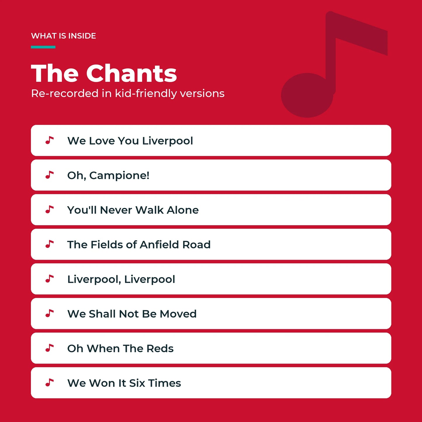The eight Liverpool FC chants in the Sound Book, re-recorded in kid-friendly versions.