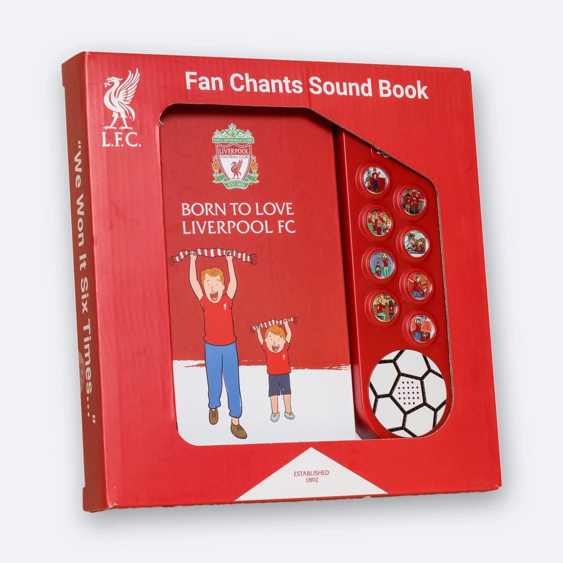 The Liverpool FC Fan Chants Sound Book in its retail box, the book visible through the die-cut window.