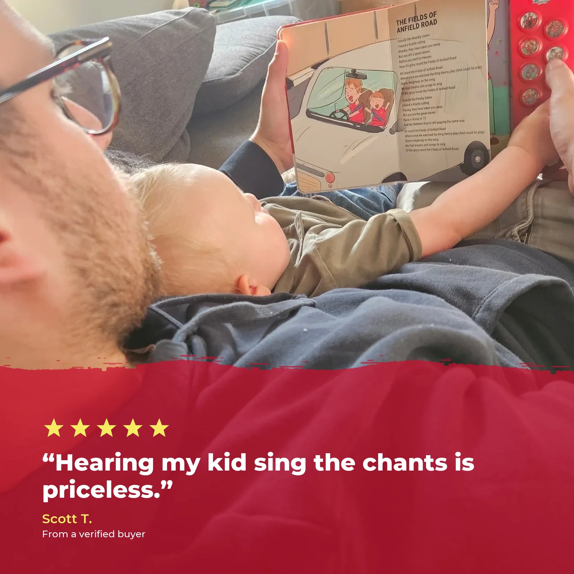 A dad reading the Liverpool FC Sound Book with his baby on his chest, over a five-star review from a verified buyer.