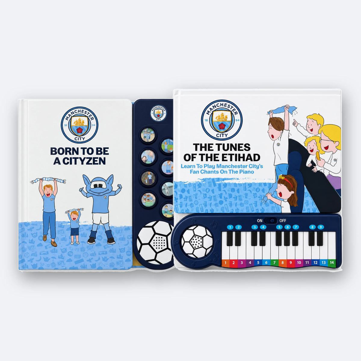 The Manchester City Sound Book and Piano Book together, the Sound Book in front.