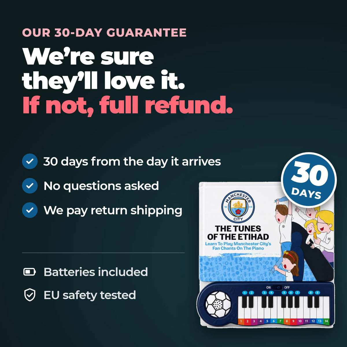 Our thirty-day guarantee on the Manchester City Piano Book: thirty days from the day it arrives, no questions asked, and we pay return shipping. Batteries included, EU safety tested.