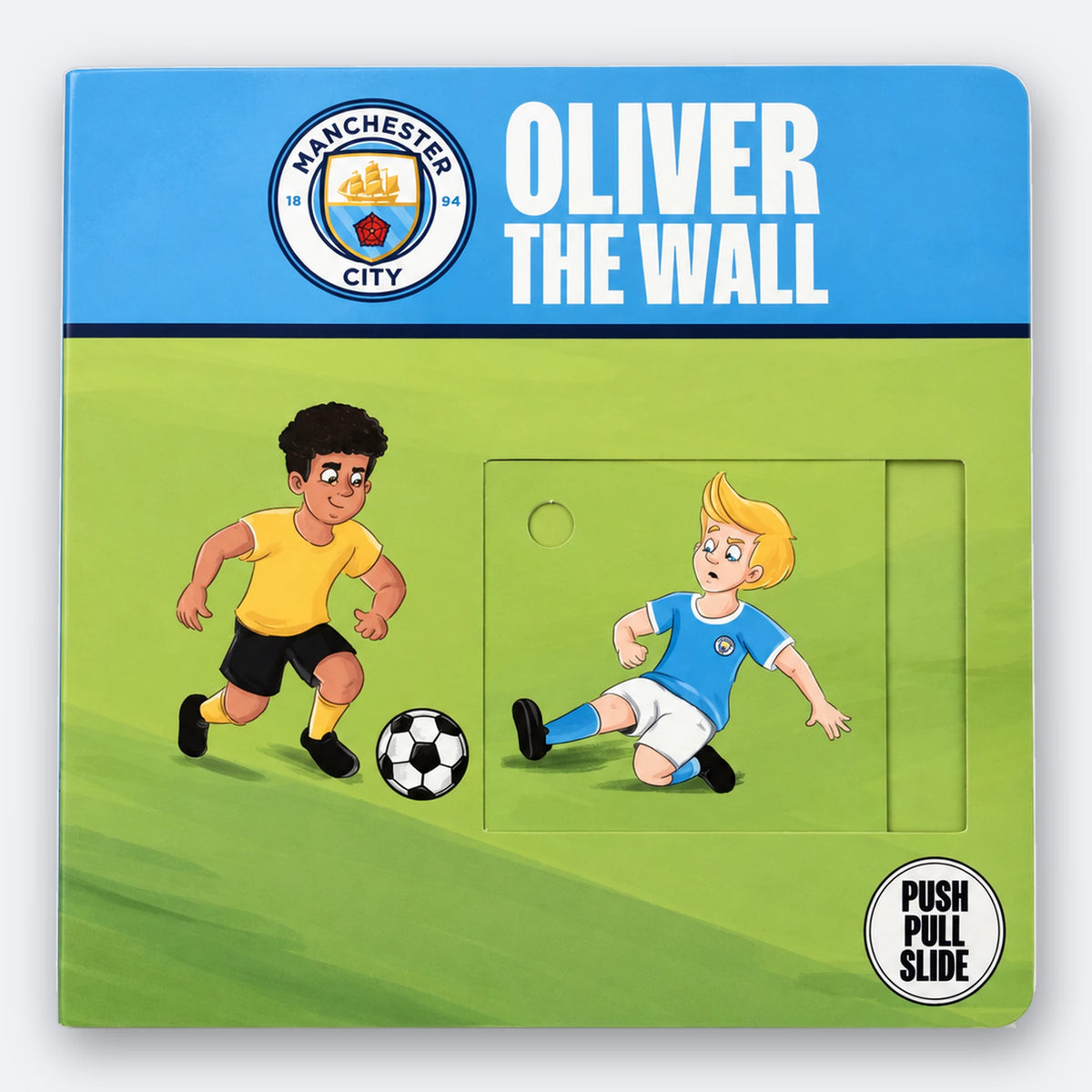 Man City Push & Pull Book, Oliver the Wall: the closed board book cover with the club crest and a slider window