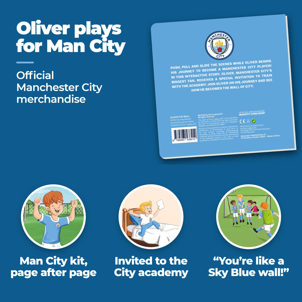 Contraportada del Libro Desliza y Mira del Manchester City con el escudo del Manchester City, y tres detalles del interior: la equipación, la carta de la academia y la barrera de defensas